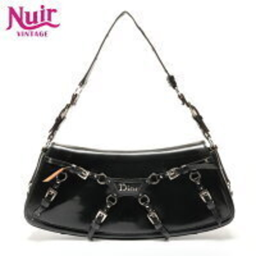 Christian Dior Patent Vernis One Shoulder Hobo Baguette Bag Bandage Black